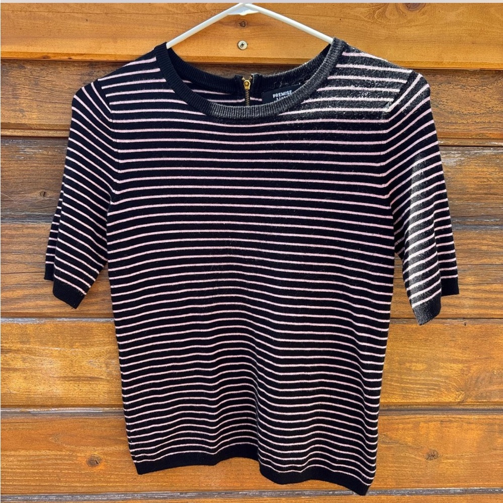 Premise Black and Pink Striped Short Sleeve Top